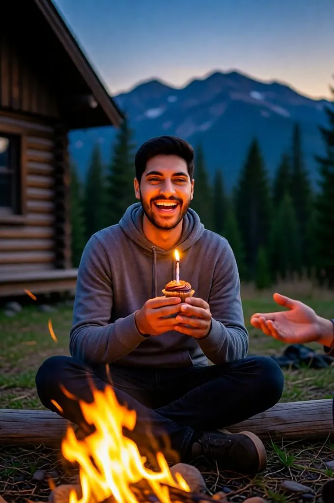 A cozy birthday evening around a campfire near a mountain cabin while holding a cupcake.