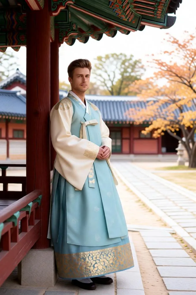 Man wearing a traditional Korean hanbok beside a historic pavilion in a peaceful palace garden.