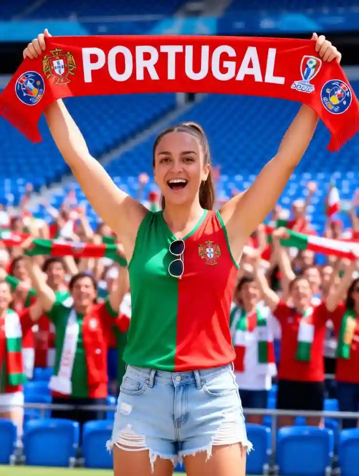 Portugal woman holding a supporter scarf in a stadium.