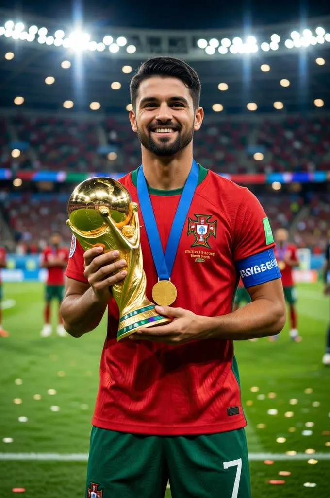 Portuguese footballer proudly holding a World Cup trophy under stadium lights.