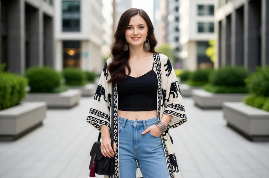 Woman in a boho kimono cardigan and denim jeans.