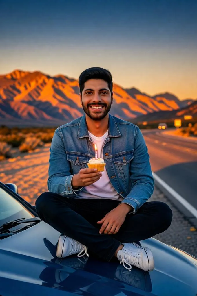 A relaxed birthday road trip at sunset with a cupcake, casual outfit, and scenic mountain backdrop.