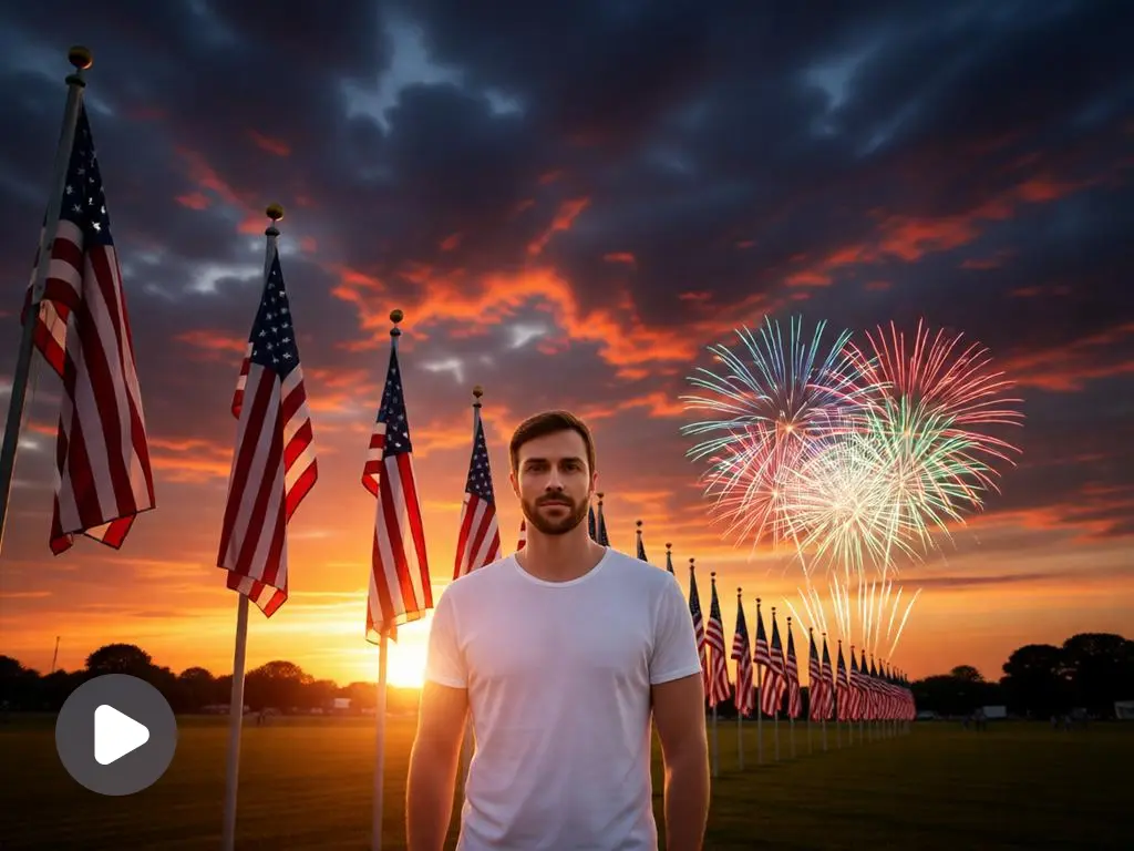 Man beside American flags at sunset.