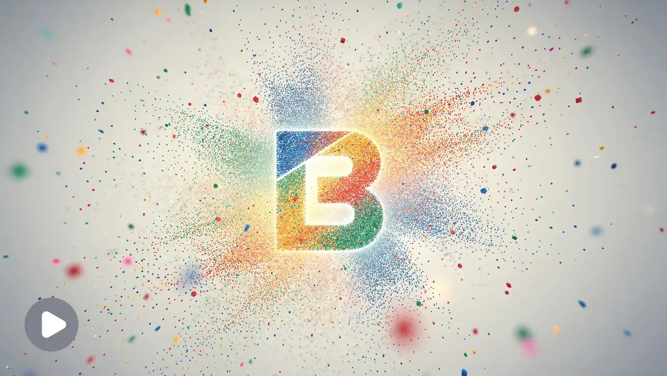 Colorful particles briefly burst around the logo before fading away.
