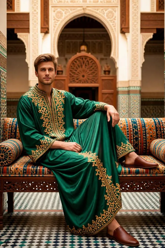 Man in a luxurious Moroccan kaftan seated elegantly inside an ornate riad with colorful mosaic tiles.