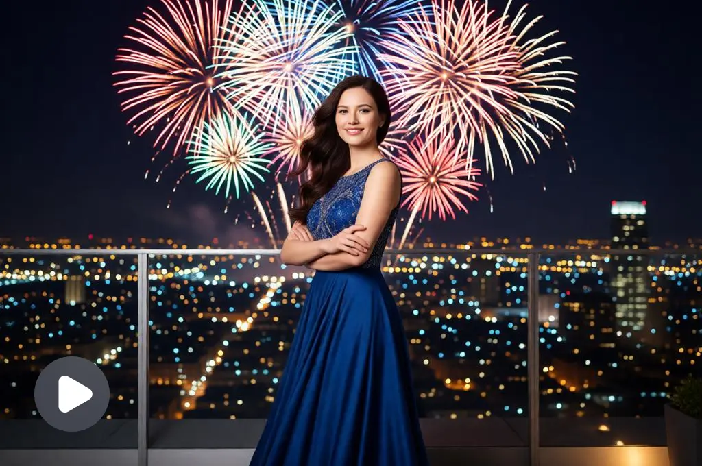 Woman on a rooftop with fireworks behind her.