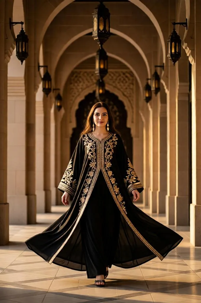 Woman in an embroidered abaya walking gracefully through an elegant courtyard filled with arches and lanterns.