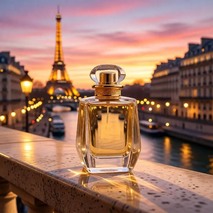 Luxury perfume bottle overlooking the Paris skyline at sunset with the Eiffel Tower in the background.