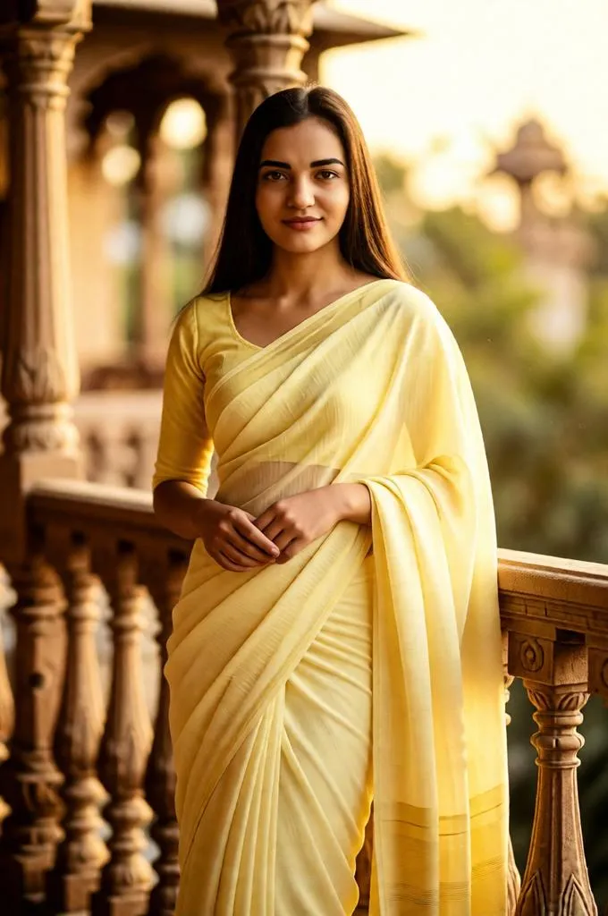 Woman in a pastel yellow chiffon saree on a vintage ornate balcony in a nostalgic 1970s Bollywood scene.