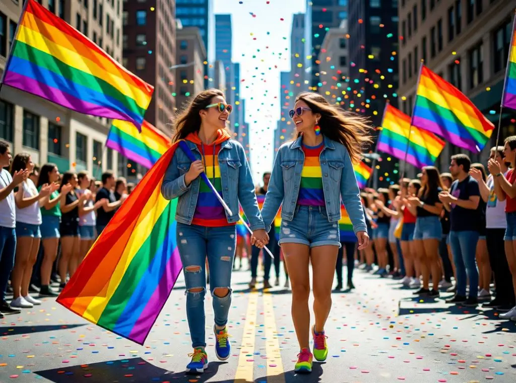 Two women walking hand in hand at a colorful Pride parade.