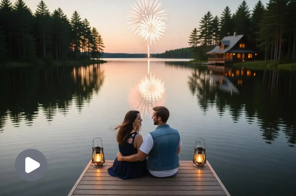 Couple relaxing at a lakeside cabin.