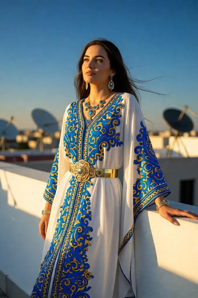 Woman in a white and blue Moroccan kaftan posing on a rooftop terrace during golden hour with city views.