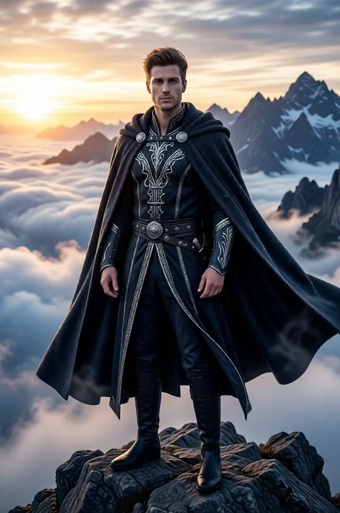 Man dressed as a fantasy hero standing on a misty mountain ridge at sunrise with dramatic clouds behind him.