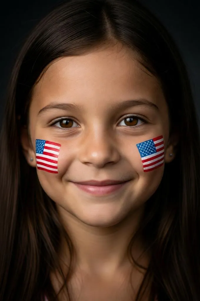 Young girl with American flag face paint smiling in a close-up patriotic portrait.