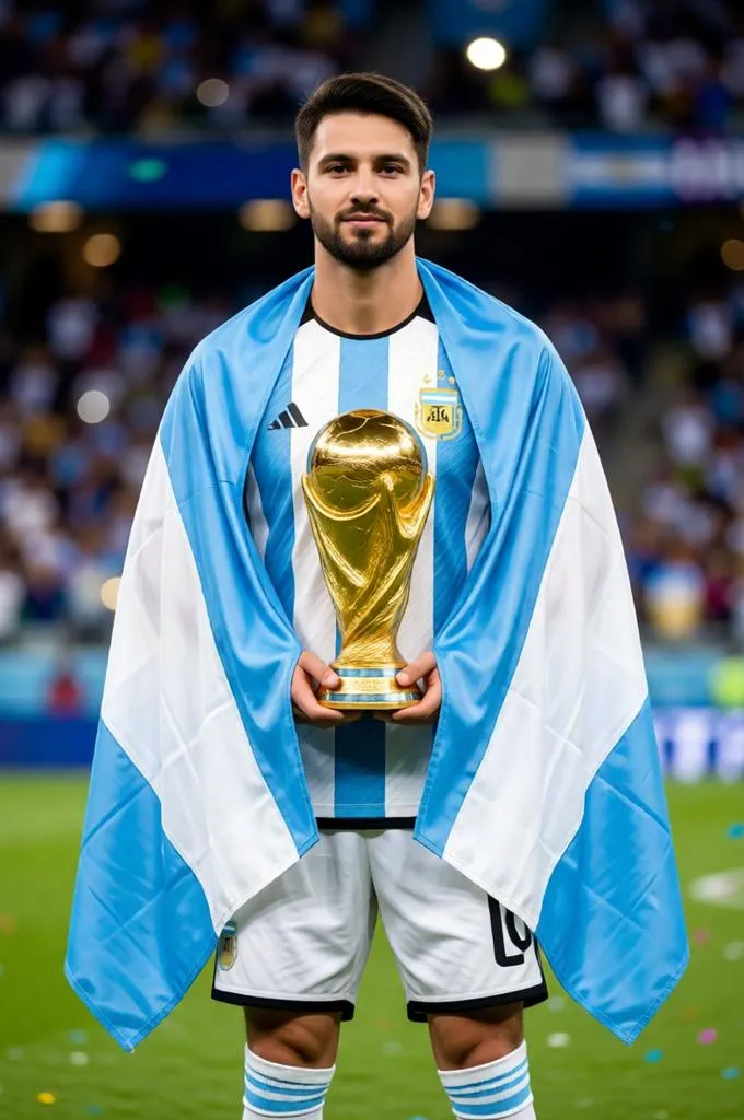 Argentine footballer holding a World Cup trophy and draped in the Argentina flag on a stadium pitch.