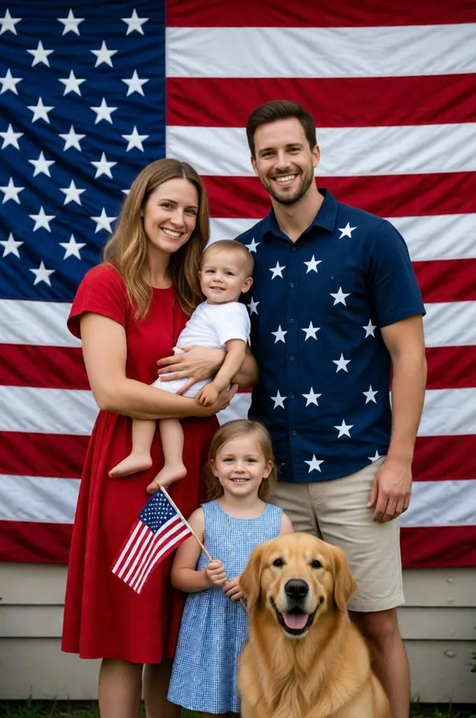 Family posing in front of a large American flag.