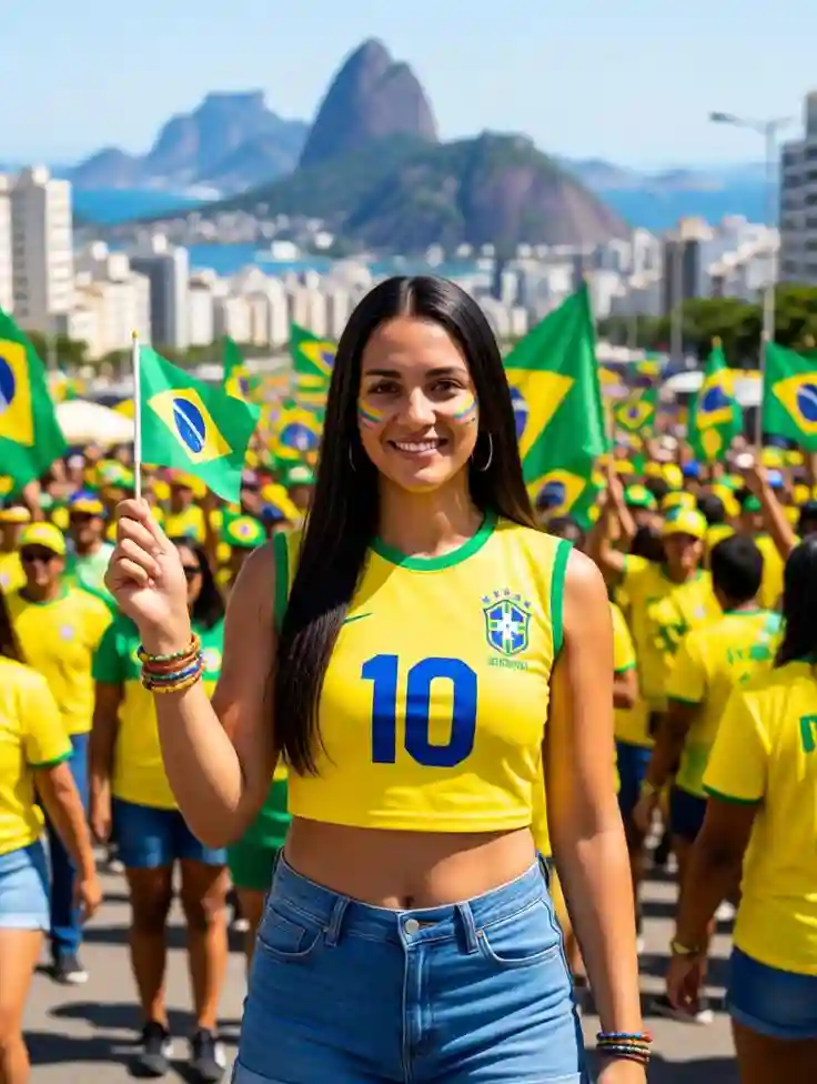 Brazilian woman celebrating with a flag in Rio.