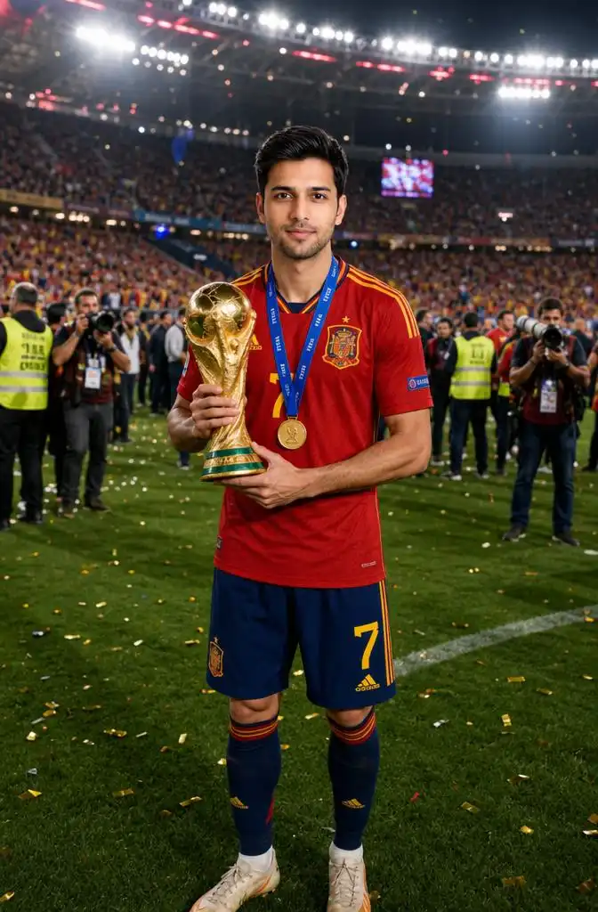 Person holding the FIFA World Cup trophy while celebrating Spain's championship victory