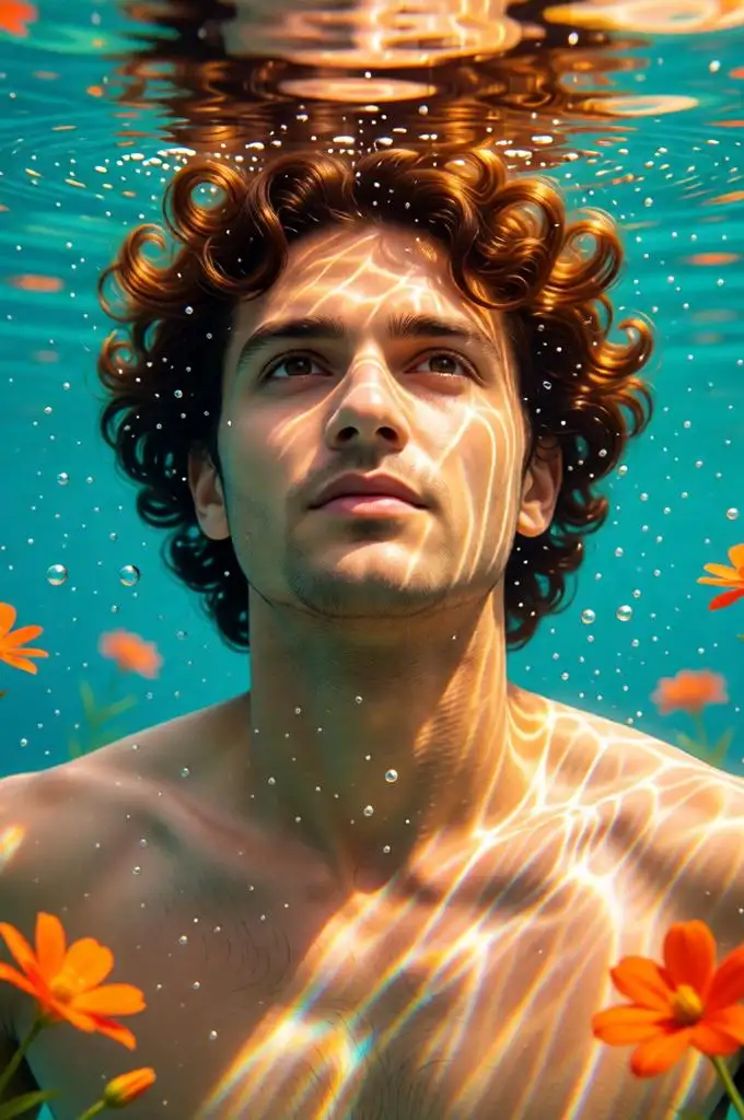 Young man underwater surrounded by orange flowers.