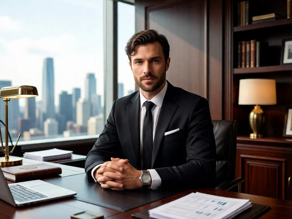 A corporate executive in a black suit is seated in a luxury office.