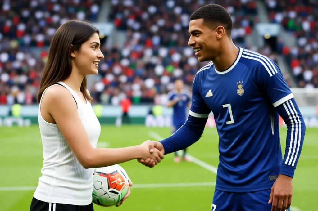 Person shaking hands with Kylian Mbappé during a football match event.