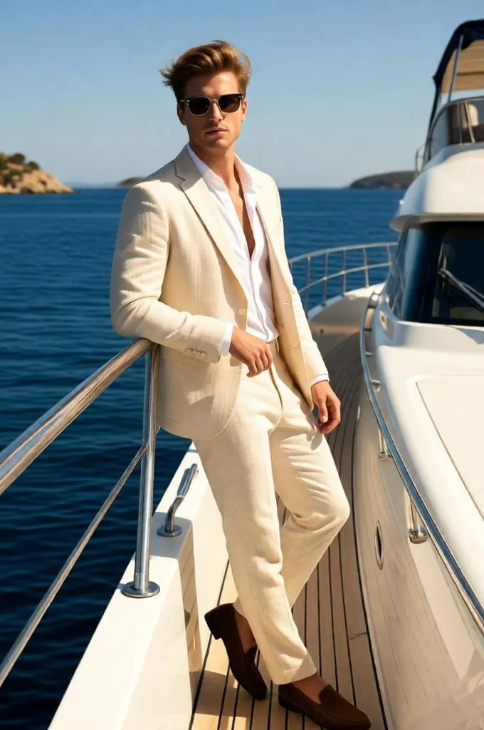 Man in a cream linen suit leaning against a luxury yacht railing on the Mediterranean coast under bright sunshine.