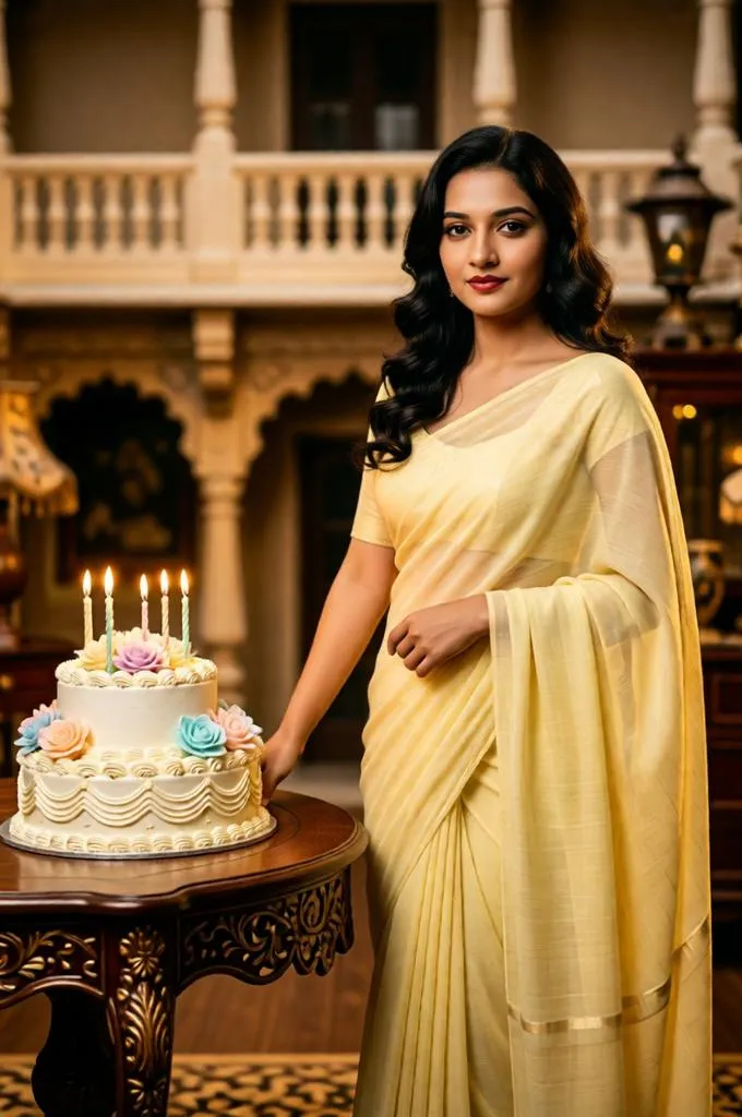 A retro 1970s Bollywood-style birthday portrait featuring a pastel chiffon saree, vintage cake, and warm golden lighting.