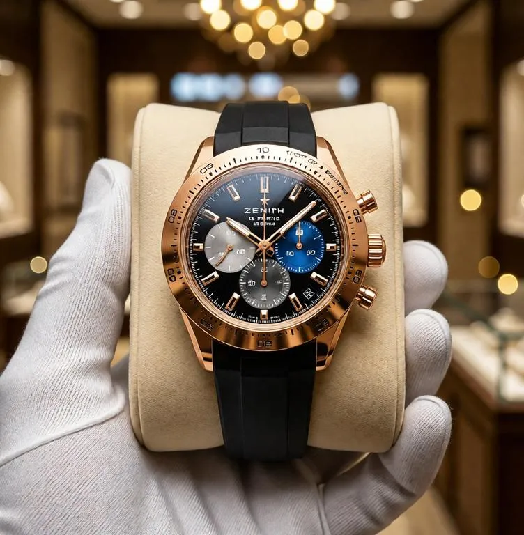 Premium watch displayed on a cream suede cushion held by a white-gloved hand, surrounded by warm champagne lighting and boutique jewelry-store elegance.