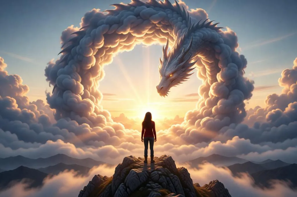 A traveler watches a colossal cloud dragon create a glowing gateway in the sky as sunlight pours through its circular form.