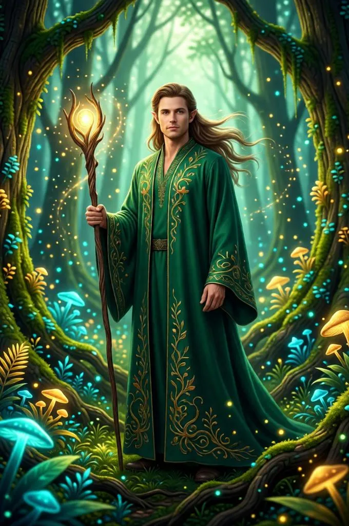 Man portrayed as a forest elf holding a glowing staff in an enchanted woodland filled with magical lights.