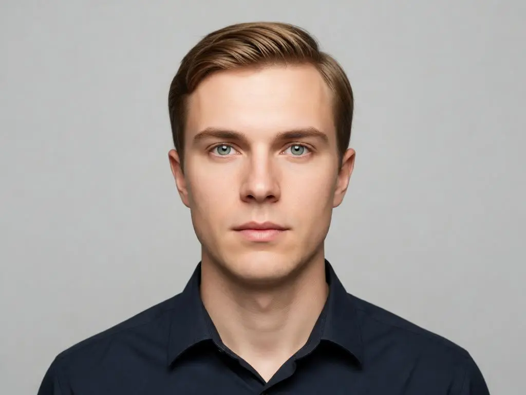 Young man with neatly combed brown hair wearing a dark collared shirt, posing for a passport photo against a light gray background.