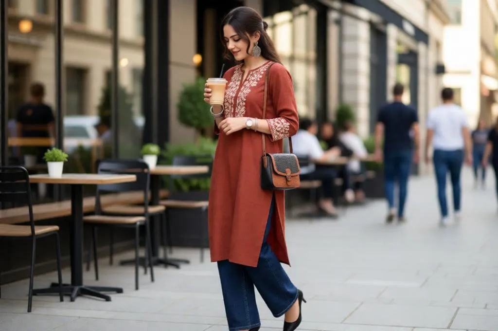 Woman in an embroidered kurti and wide-leg jeans outside a café.