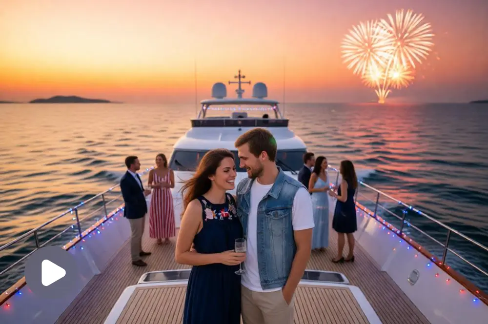 A couple celebrating on a luxury yacht.