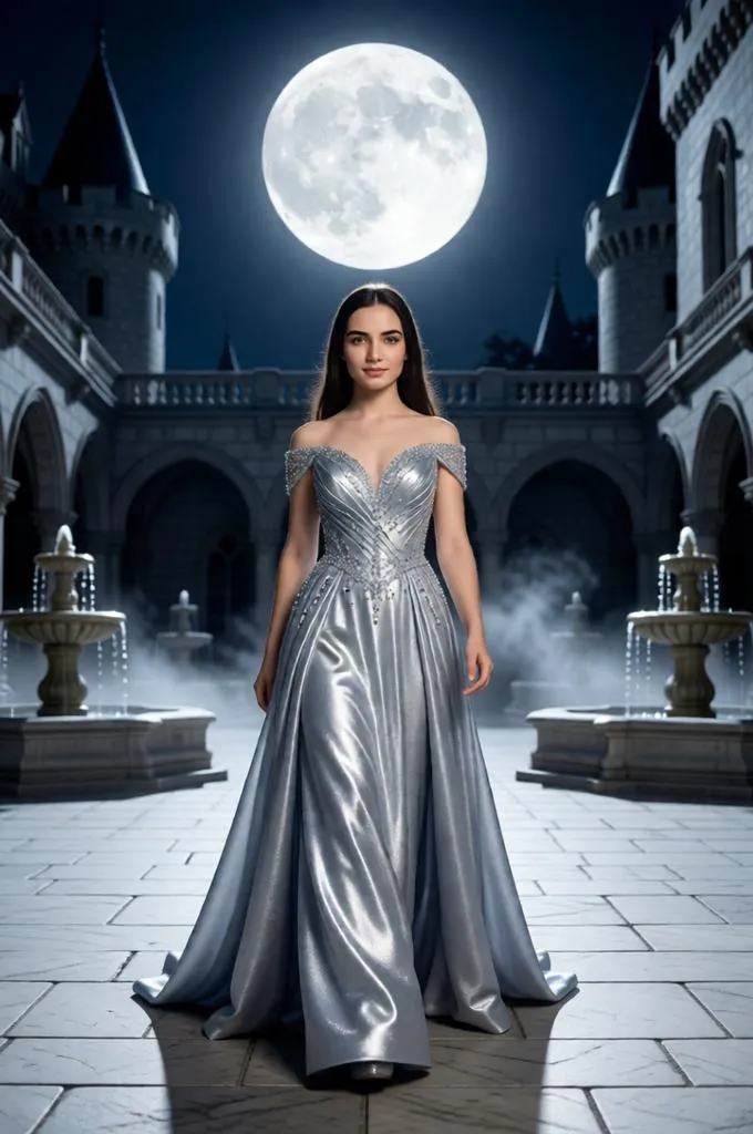 Woman in a silver fantasy gown walking through a moonlit castle courtyard surrounded by mist and fountains.