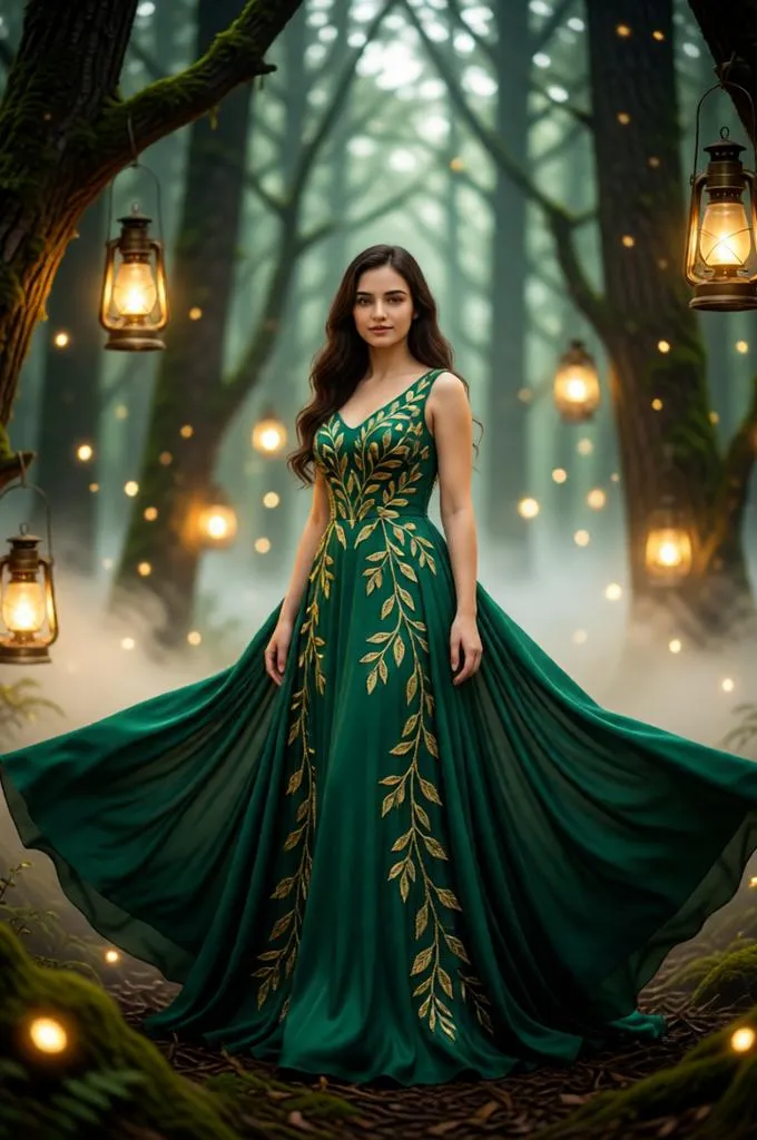 Woman in an emerald couture gown standing in a mystical forest illuminated by glowing lanterns and soft fog.