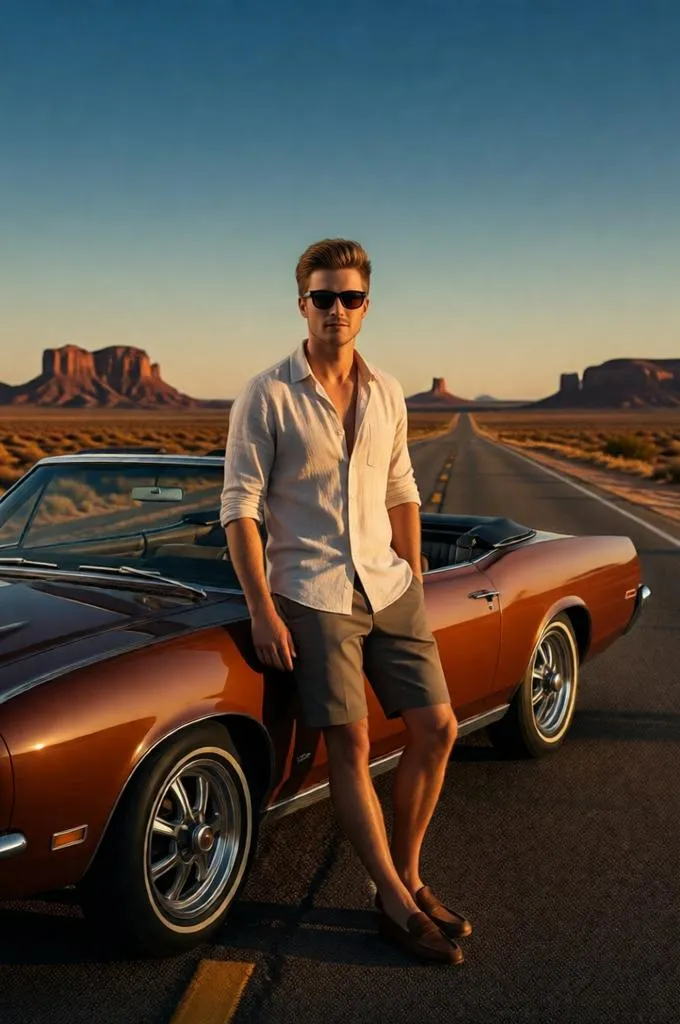 Man beside a vintage convertible on a desert highway under warm summer sunlight and clear blue skies.