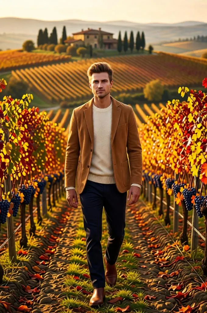 Man walking through sunlit Tuscan vineyards in autumn wearing a suede jacket and leather boots.