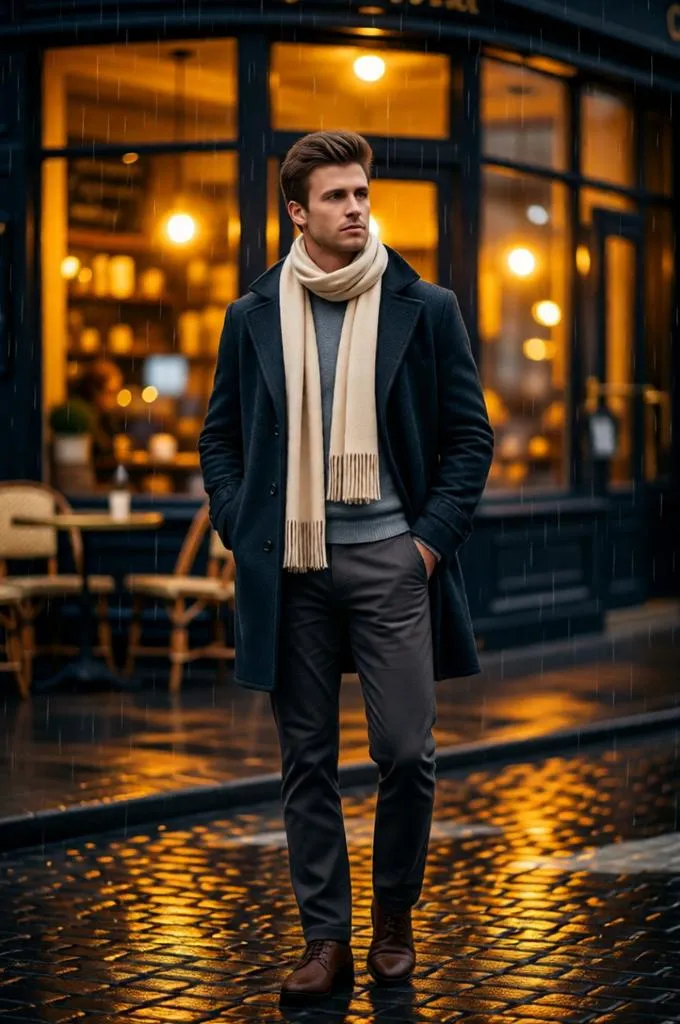Man standing outside a cozy café on a rainy evening with reflections glowing on wet streets.