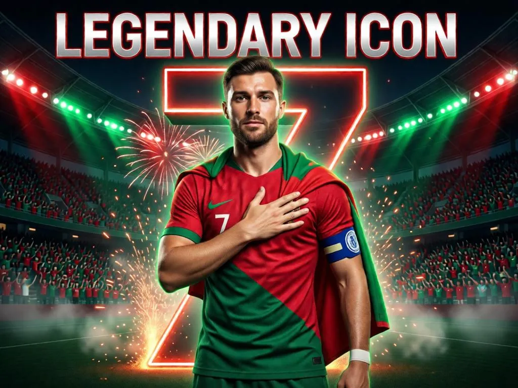 Portugal football captain portrait with flag and stadium lights.