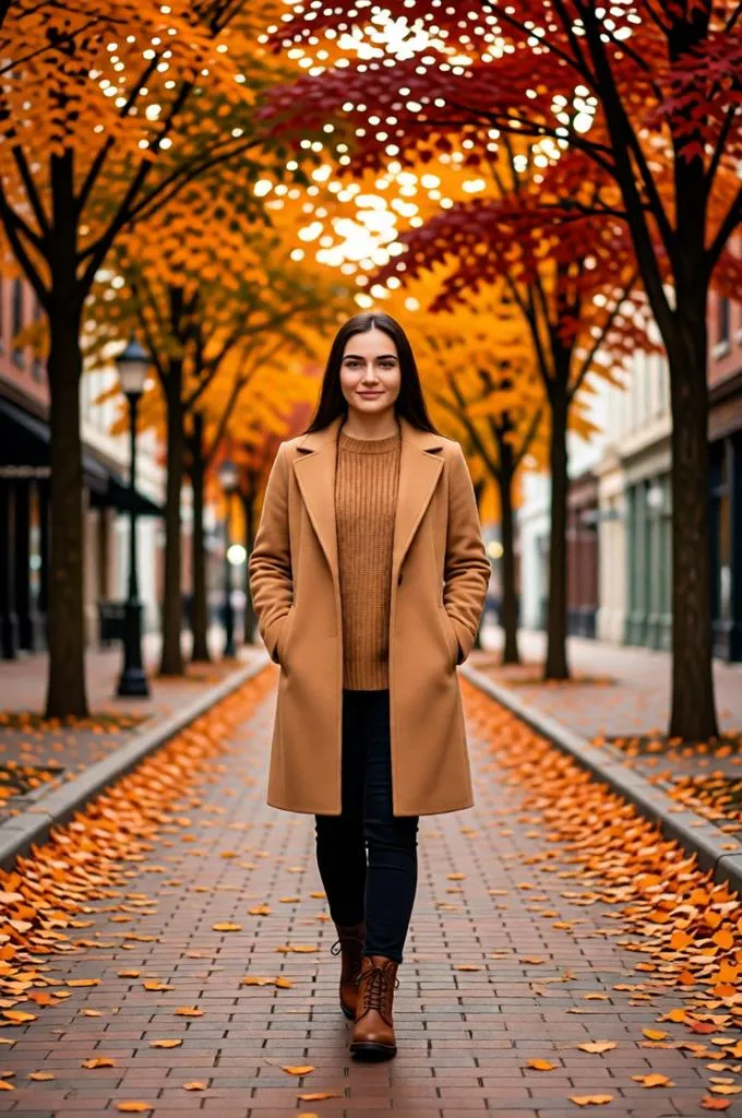 Woman strolling along a city street lined with colorful autumn maple trees and fallen leaves.
