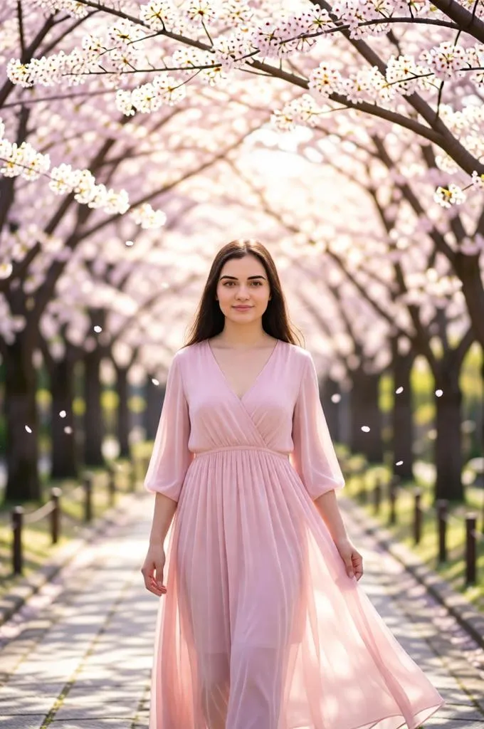 Woman in a pastel pink dress walking beneath blooming cherry blossom trees in Kyoto during spring.