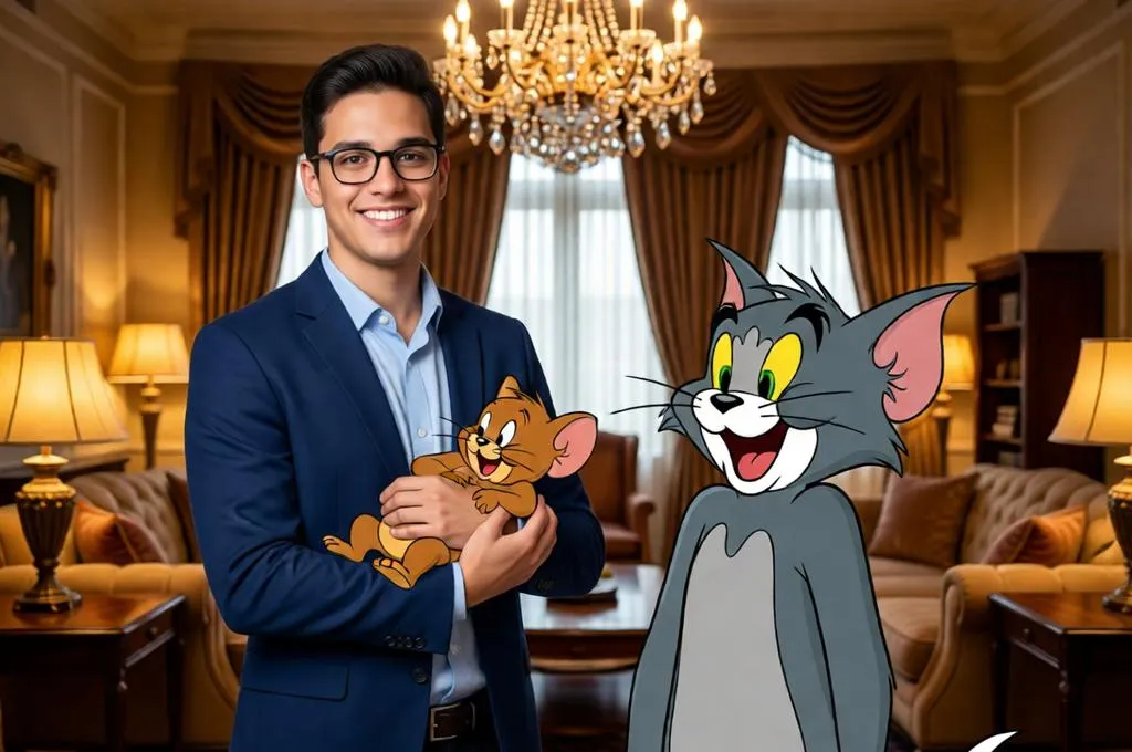 A young man holding Jerry and posing with Tom in a luxury living room.