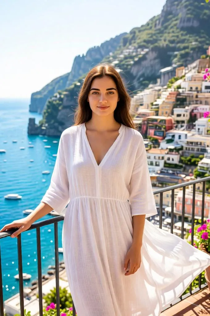 Woman in a breezy white linen outfit standing on a sunny terrace overlooking the Amalfi Coast.