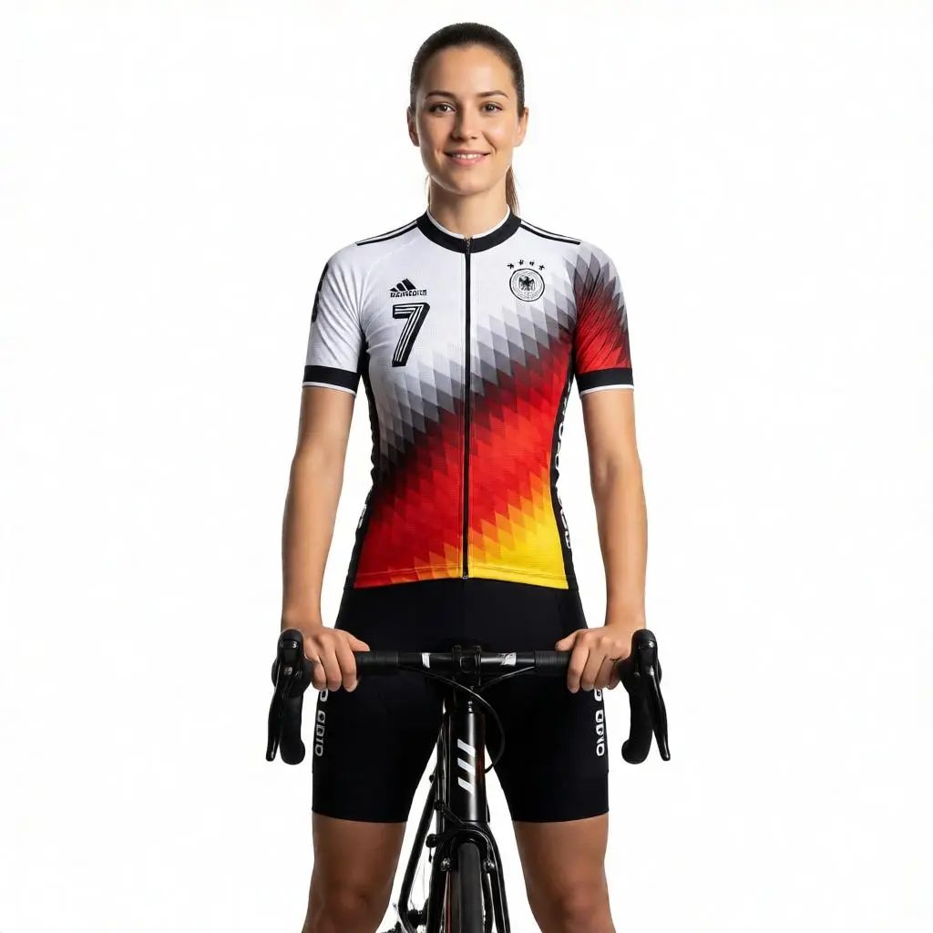 Female cyclist standing beside a road bike wearing a custom cycling jersey mockup in a studio setting.