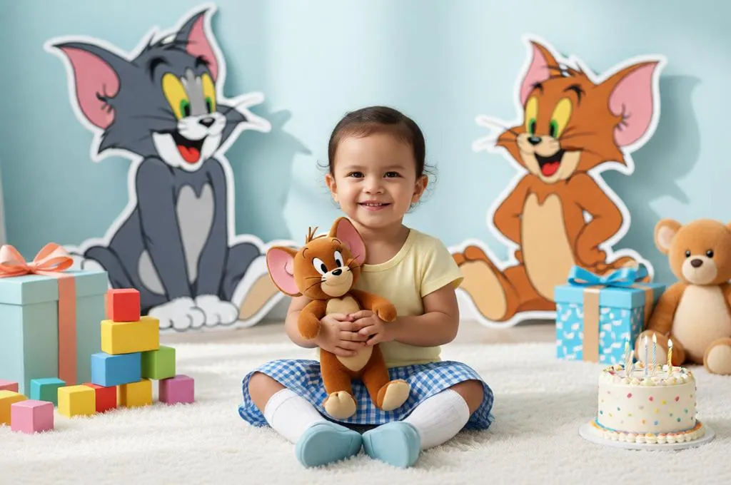 Alt text: A toddler girl in a pastel playroom with Tom and Jerry decorations.
