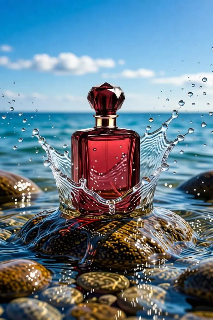 Perfume bottle on a coastal rock with dramatic ocean water splashes and a bright blue sky.