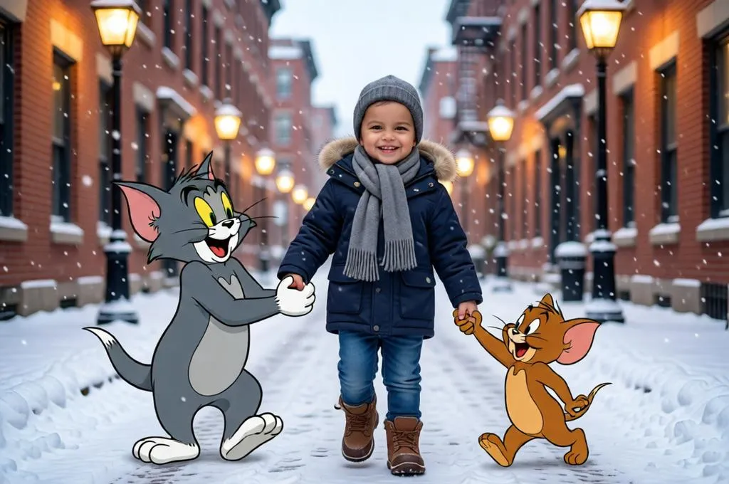 A young boy walking through a snowy street with Tom and Jerry.