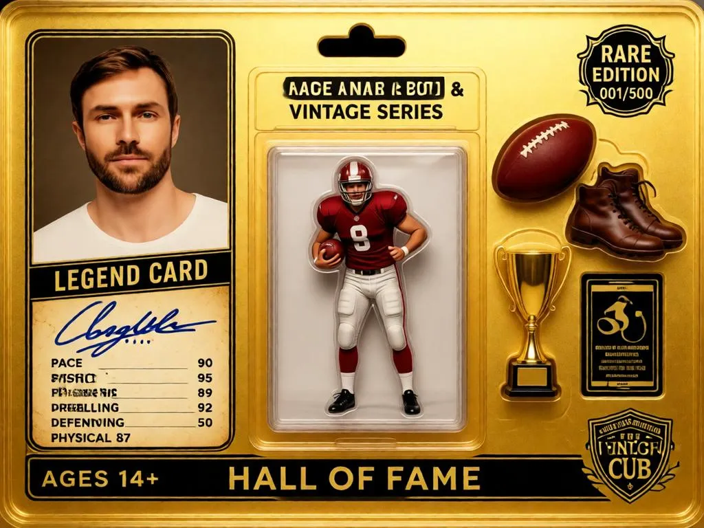 Vintage football figurine in retro collector card packaging.
