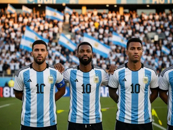 Person standing in Argentina's starting lineup before kickoff during the national anthem.