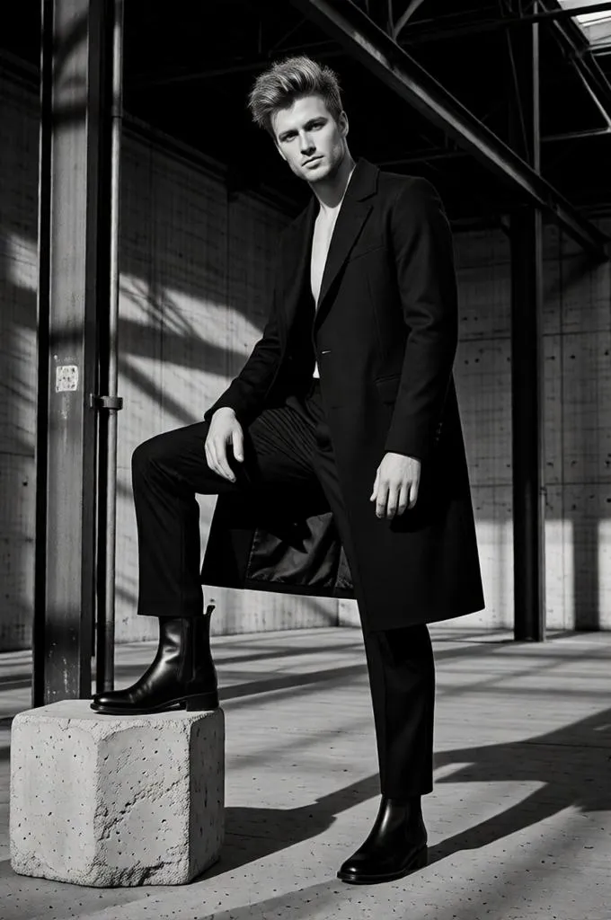 Man in an avant-garde black designer outfit posing inside an industrial warehouse with dramatic shadows and editorial lighting.